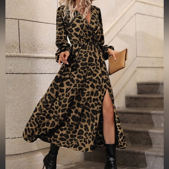 Boho Leopard Print Slit Long Sleeve Maxi Dress - Picture 6 of 16